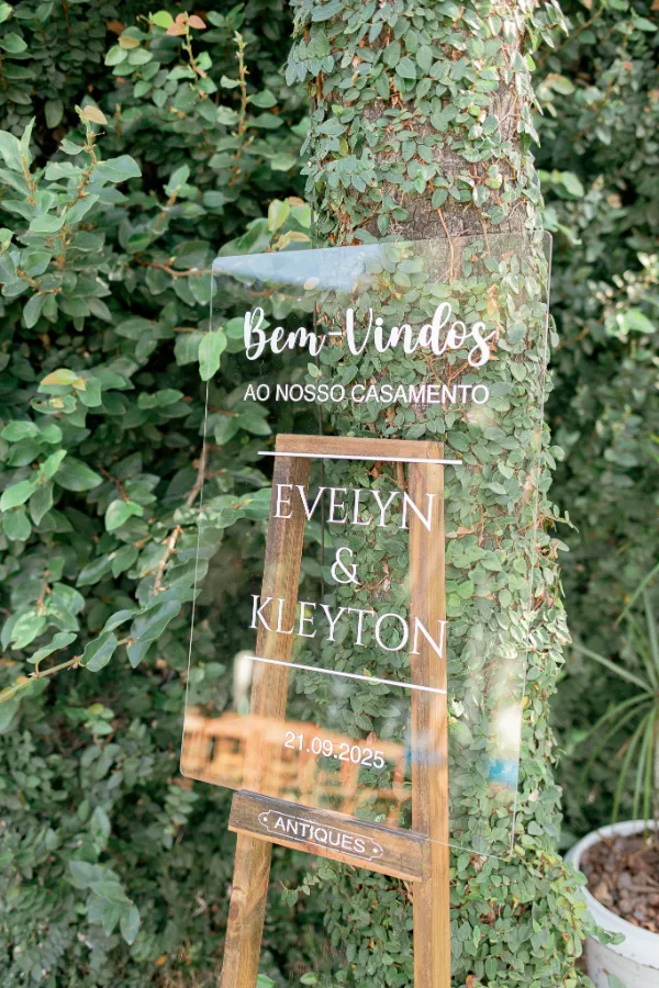 placa de boas-vindas transparente para casamento