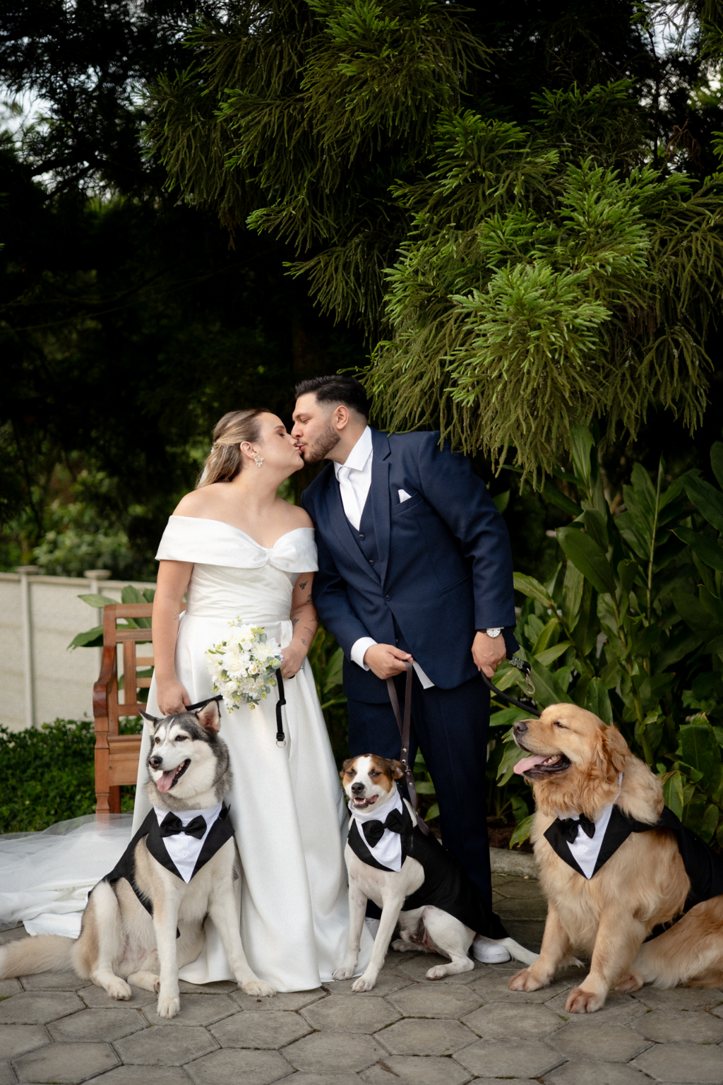 noivos se beijando ao lado de cachorros em casamento pet friendly