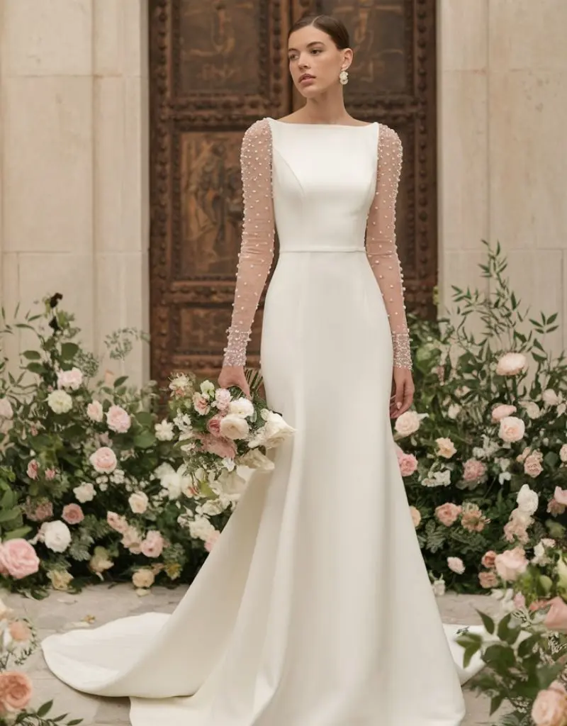 noiva com vestido de manga rendada com aplica&ccedil;&atilde;o de p&eacute;rolas