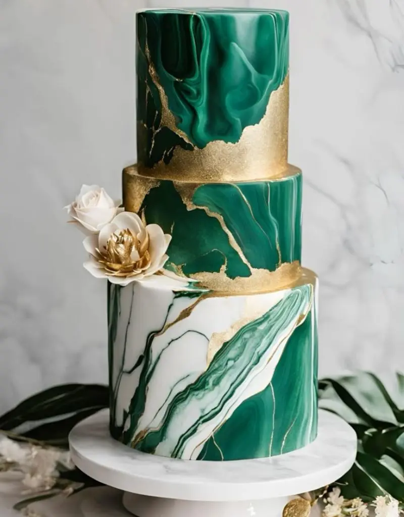 bolo de casamento de tr&ecirc;s andares com um design moderno em m&aacute;rmore verde-esmeralda