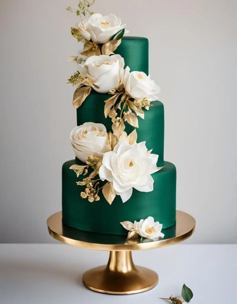bolo de casamento de tr&ecirc;s andares com um design elegante em verde esmeralda e detalhes dourados.