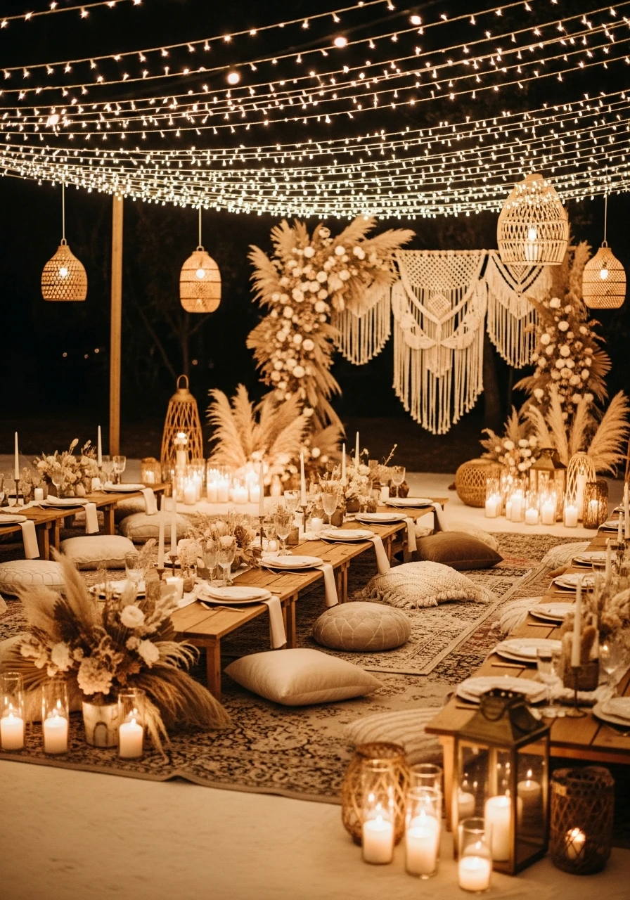 lounge boho na praia bem ilumonado com macrame