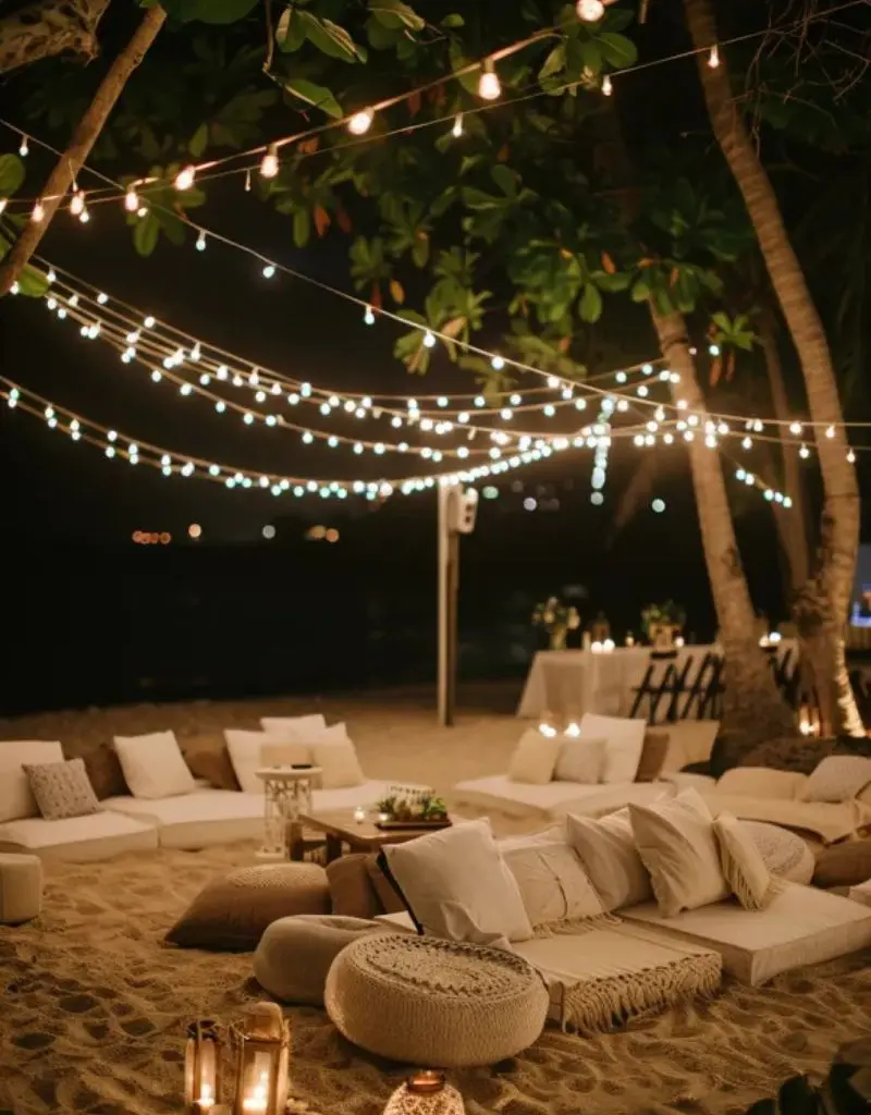 lounge iluminado na praia com almofadas e sof&aacute;s
