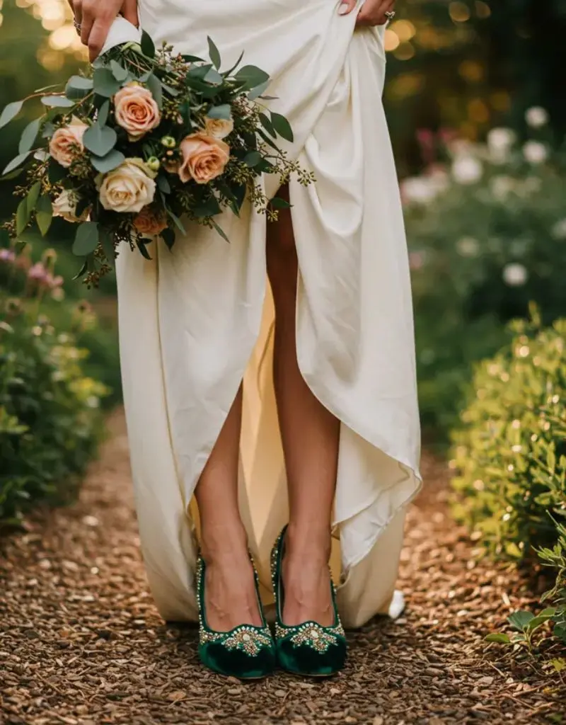 noiva com sapato verde esmeralda