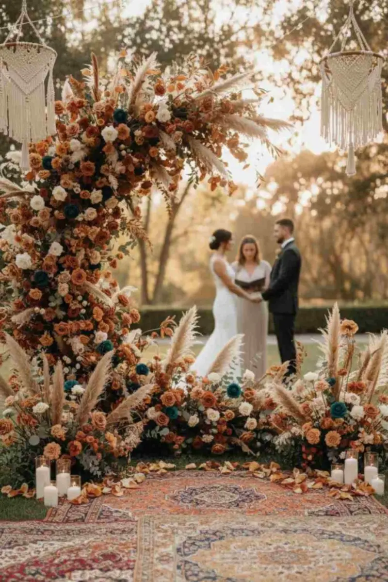 arco meia-lua com flores em tons de terracota