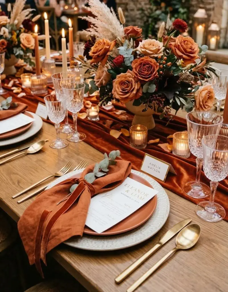 mesa de casamento com decoração rústica e elegante em tons de terracota, laranja queimado e verde acinzentado