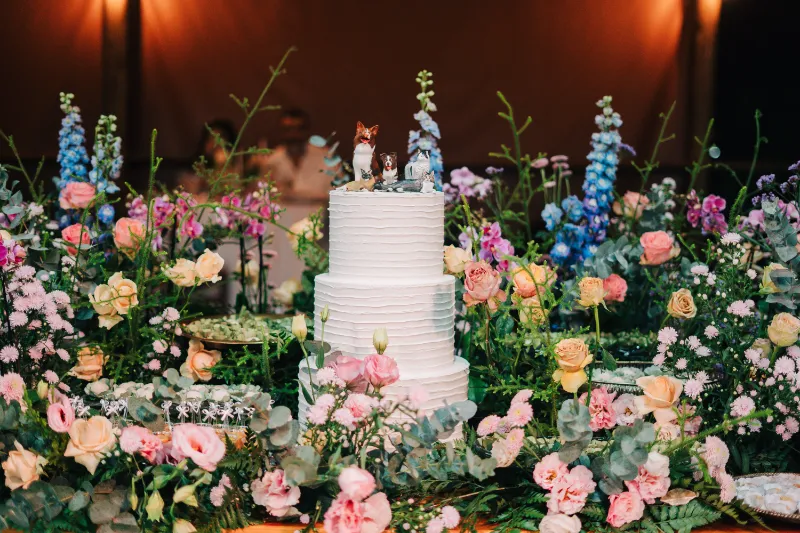 mesa do bolo de casamento romantico floral e bolo de casamento branco com pets no topo